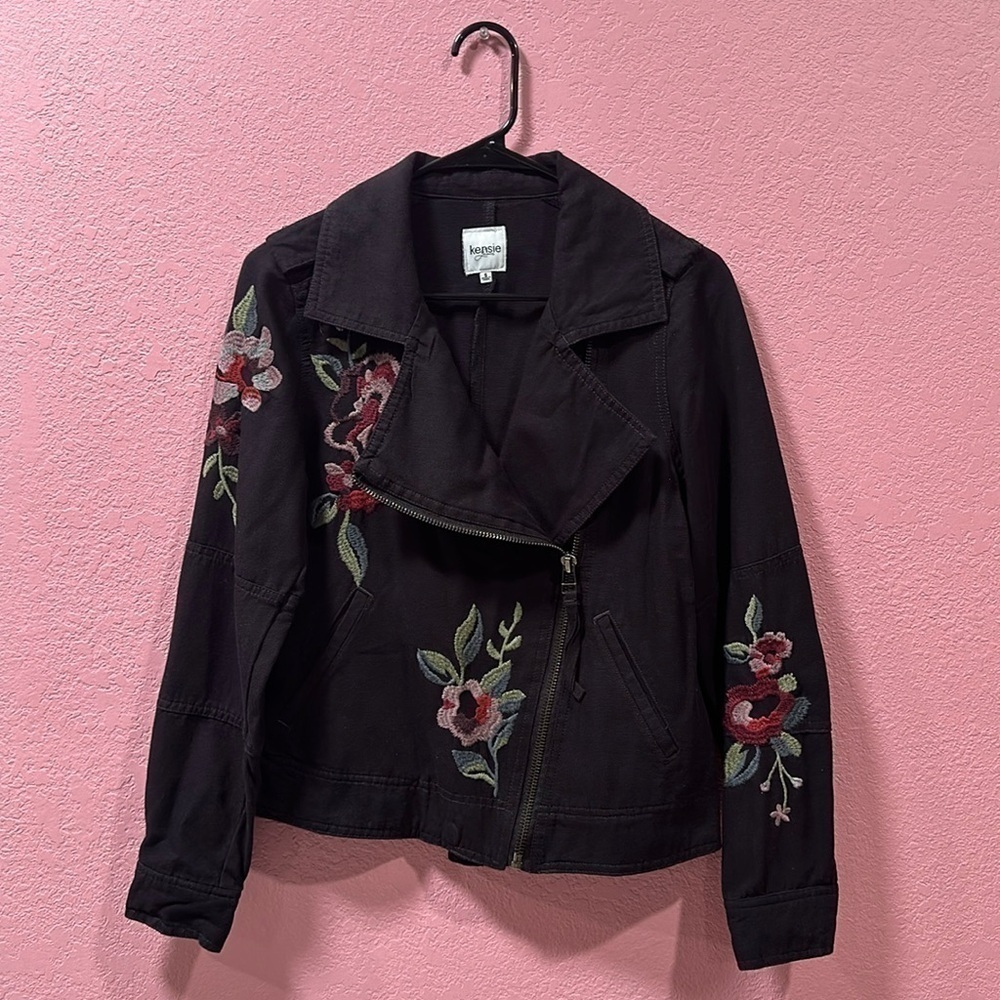 Kensie Jeans Women's Black Embroidered Floral Zip Up Jacket Bohemian Size S